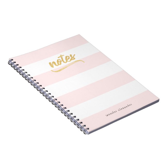 Caderno Espiral Nome do Padrão Dourado Faux Foil Blush Pink Stripe (Lado Direito)