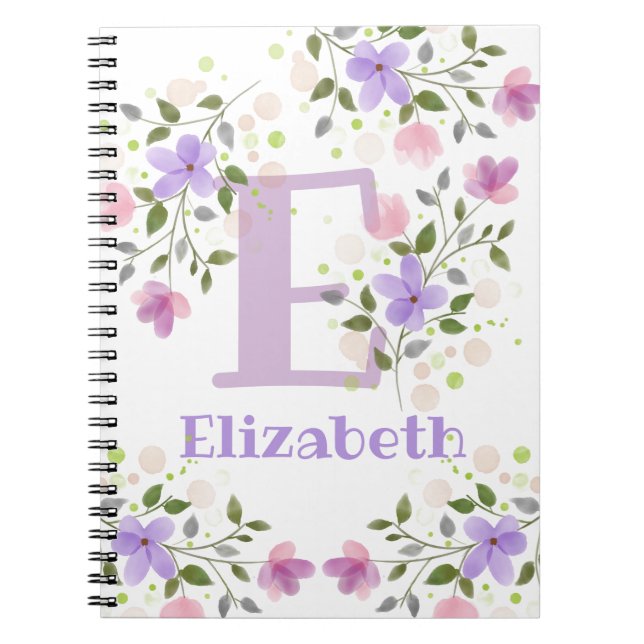 Caderno Espiral Nome do Primeiro Adição Inicial Elizabeth com Flor (Frente)