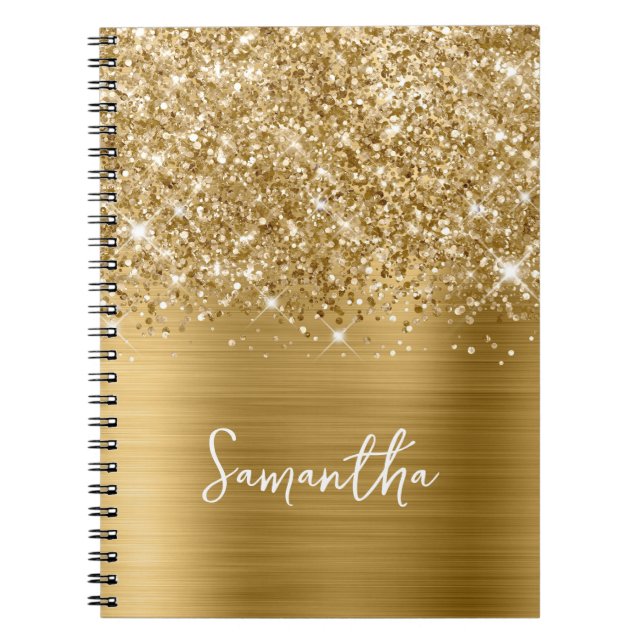 Caderno Espiral Nome do Script de Glam Dourado da Glittery (Frente)