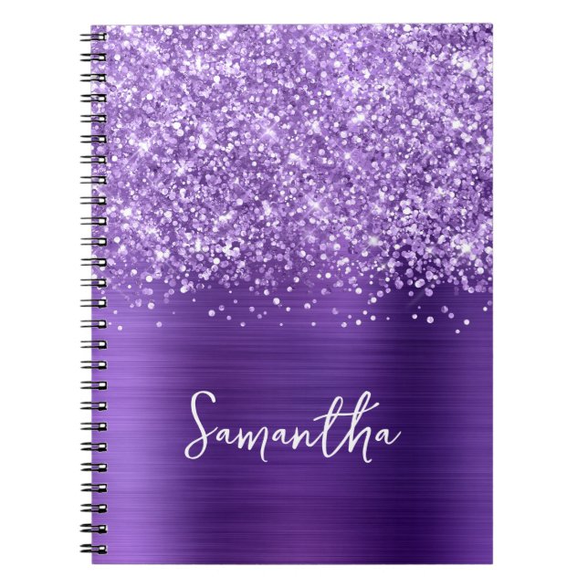 Caderno Espiral Nome do Script de Glam Roxo Ametist da Glittery (Frente)