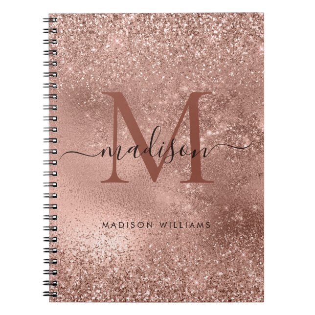 Caderno Espiral Nome do Script de Monograma Dourado Glitter Rosa R (Frente)