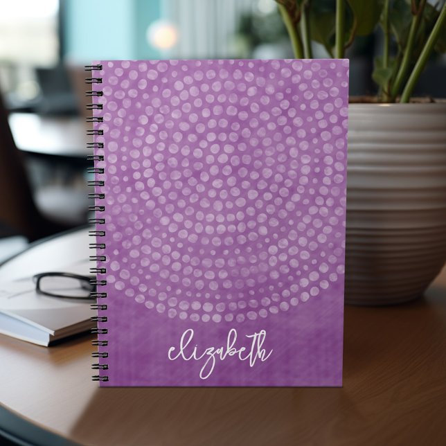 Caderno Espiral Nome do script de salto roxo do padrão de ponto de (Personalized notebook with custom text - add your name and other options)