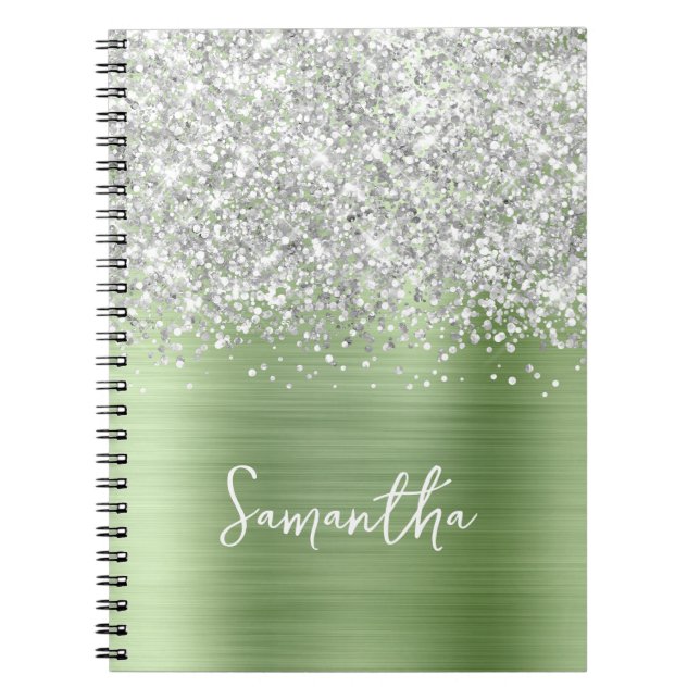 Caderno Espiral Nome do Script do Glam da Mint Glitter Silver (Frente)