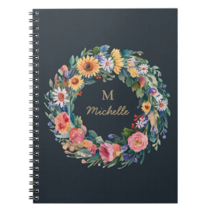 Caderno Espiral Nome do Script do Monograma das Flores de Água Mod