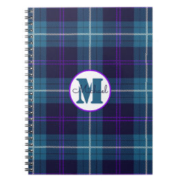 Caderno Espiral Nome do Script do Monograma do Tartan Xadrez Azul