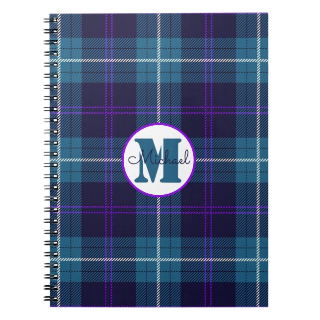 Caderno Espiral Nome do Script do Monograma do Tartan Xadrez Azul  (Frente)