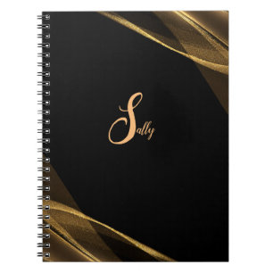 Caderno Espiral Nome do Script do Monograma Dourado e Preto Elegan