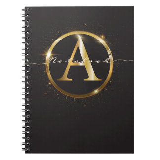 Caderno Espiral Nome do Script do Monograma Dourado Preto Moderno