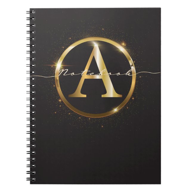 Caderno Espiral Nome do Script do Monograma Dourado Preto Moderno (Frente)