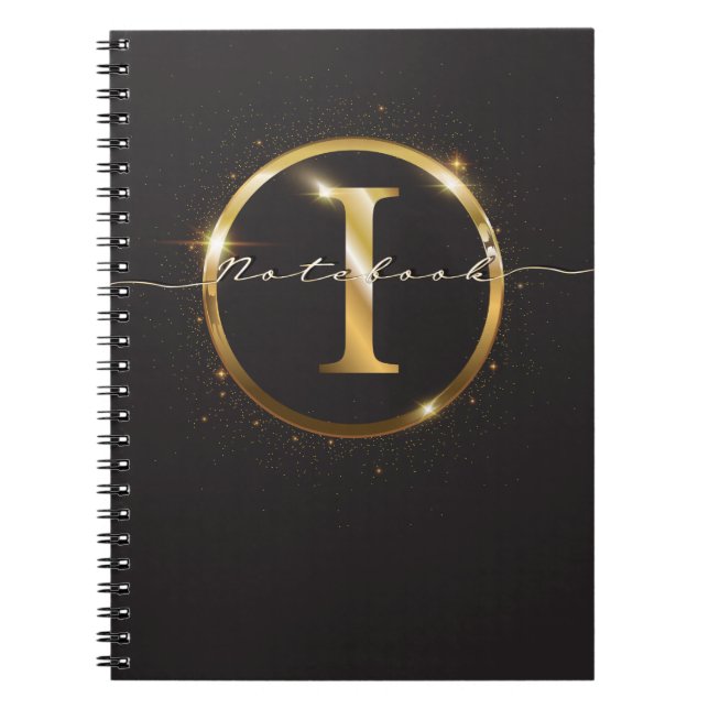 Caderno Espiral Nome do Script do Monograma Dourado Preto Moderno (Frente)