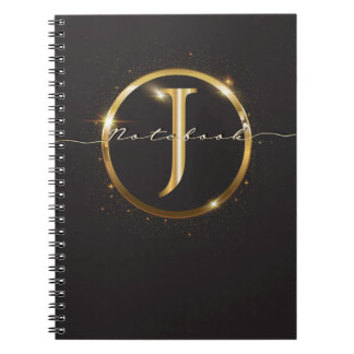 Caderno Espiral Nome do Script do Monograma Dourado Preto Moderno