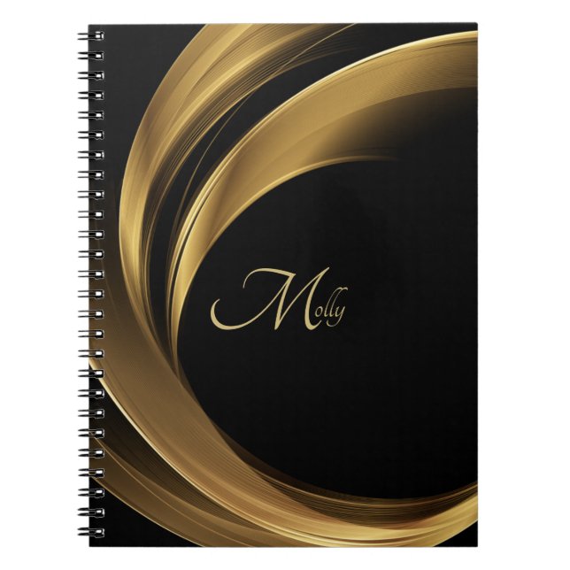 Caderno Espiral Nome do Script do Monograma Preto e Dourado Modern (Frente)
