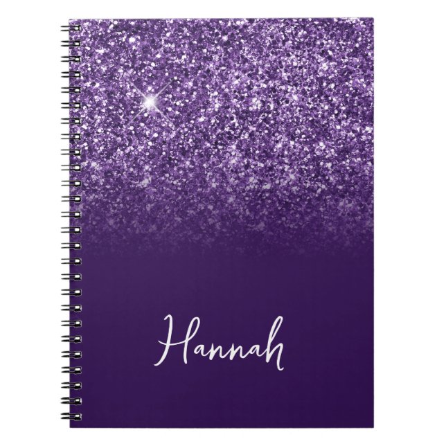 Caderno Espiral Nome do Script do Ombre da Glitter Roxo da lavanda (Frente)