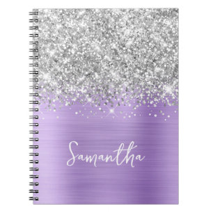 Caderno Espiral Nome do Script Glam de Lavanda do Silver Glitter