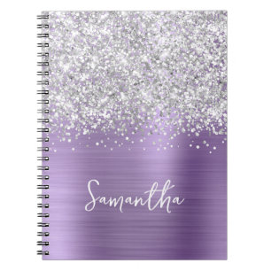 Caderno Espiral Nome do Script Glam Roxo Púrpura da Silver Glitter