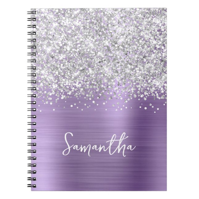 Caderno Espiral Nome do Script Glam Roxo Púrpura da Silver Glitter (Frente)