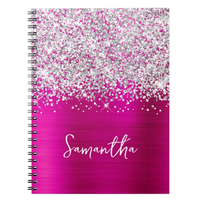 Caderno Espiral Nome do script Glittery Silver e Hot Pink Glam (Frente)