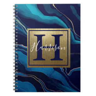 Caderno Espiral Nome Dourado e Monograma do mármore azul-marinho