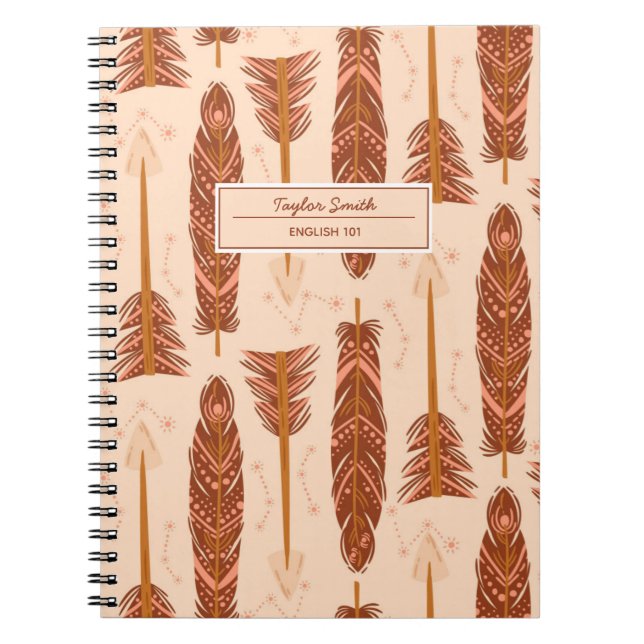 Caderno Espiral Nome e Assunto Tribal de Boho Feather (Frente)