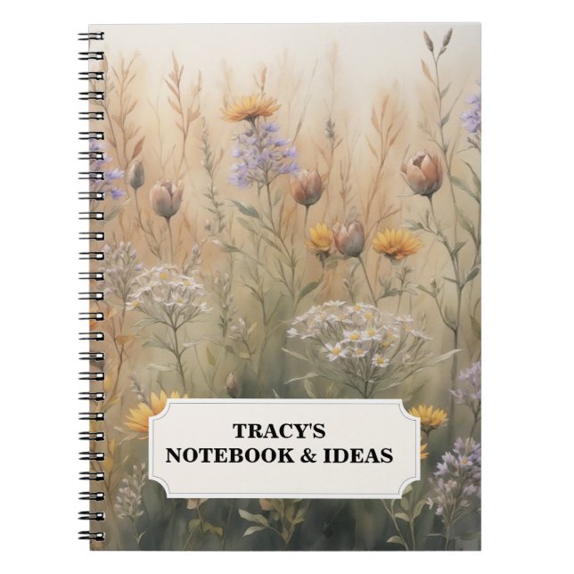 Caderno Espiral Nome Editável Floral de Flores Selvagens Mudadas (Frente)