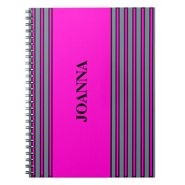 Caderno Espiral Nome Elegante de Stripes de Fúchsia da Cinza de Sl (Frente)