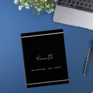 Caderno Espiral nome em prata preta estilo minimalista