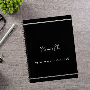 Caderno Espiral nome em prata preta estilo minimalista