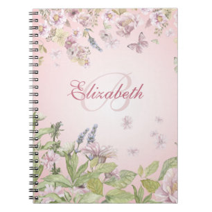 Caderno Espiral Nome + Girassol Rosa Inicial + Borboleta