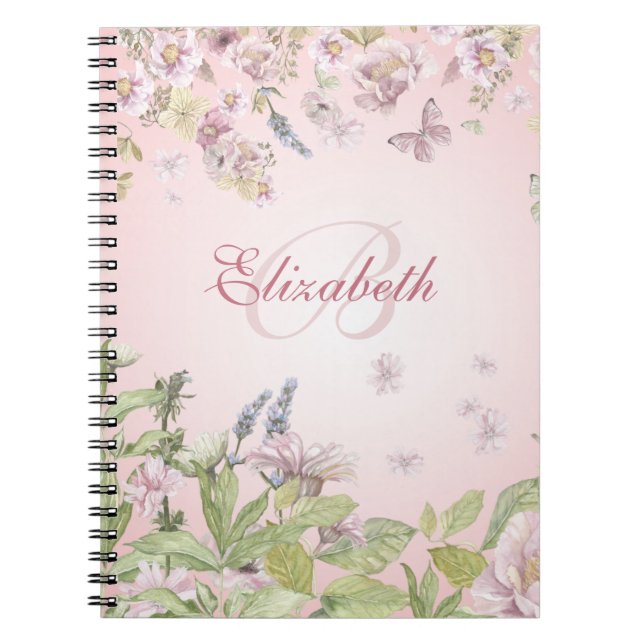 Caderno Espiral Nome + Girassol Rosa Inicial + Borboleta (Frente)