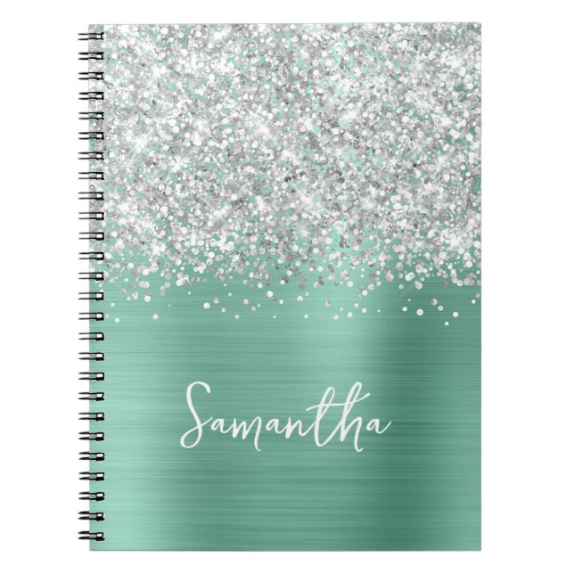 Caderno Espiral Nome Glam Teal Brilho Prateado (Frente)