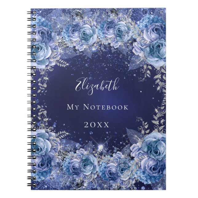 Caderno Espiral Nome glamoroso floral azul (Frente)