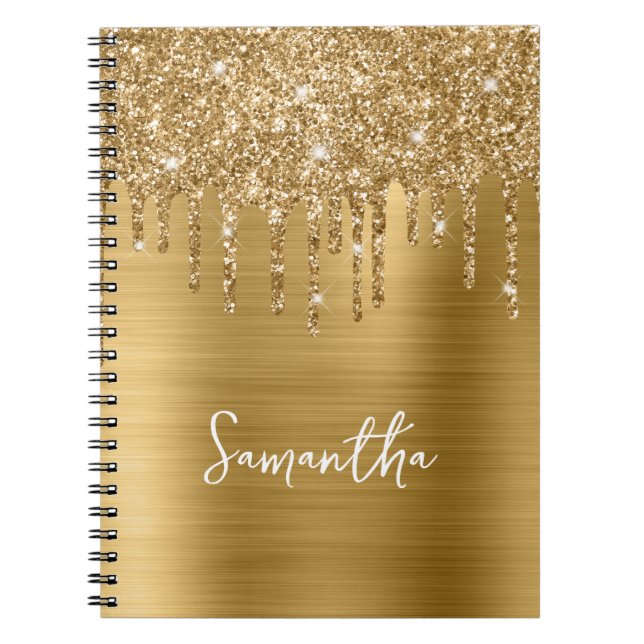 Caderno Espiral Nome Glamour Brilho Dourado Gotejante (Frente)