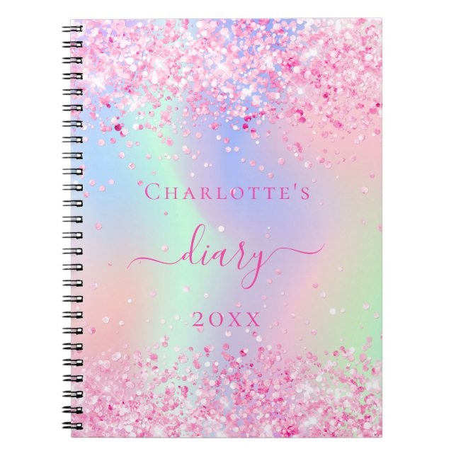 Caderno Espiral Nome holográfico de glitter rosa Diário (Frente)
