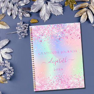 Caderno Espiral Nome holográfico rosa-brilhante do diário de grati