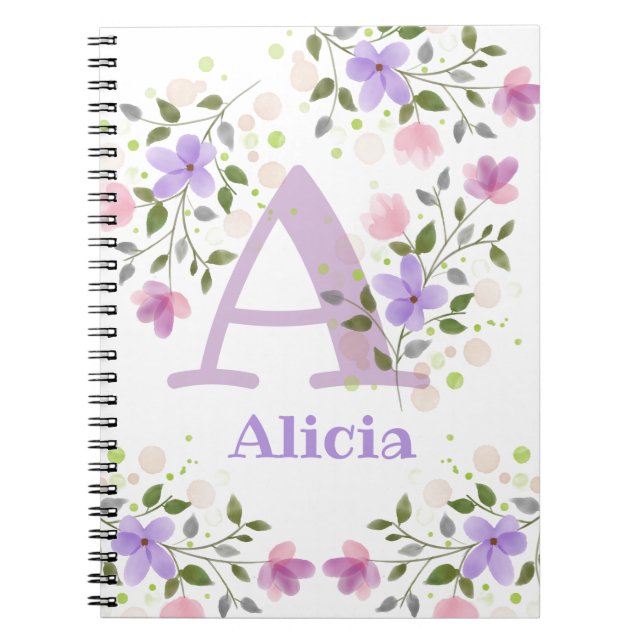 Caderno Espiral Nome inicial de adição Alicia com Flores (Frente)