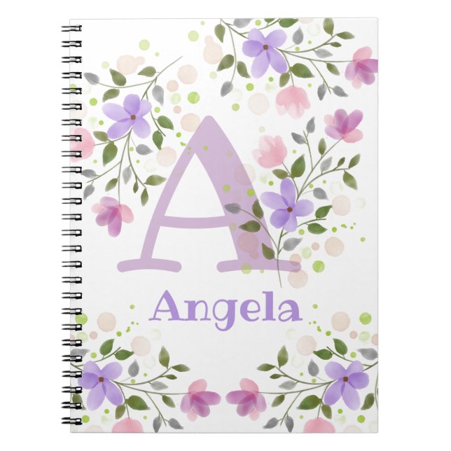 Caderno Espiral Nome inicial de adição Angela com Flores (Frente)