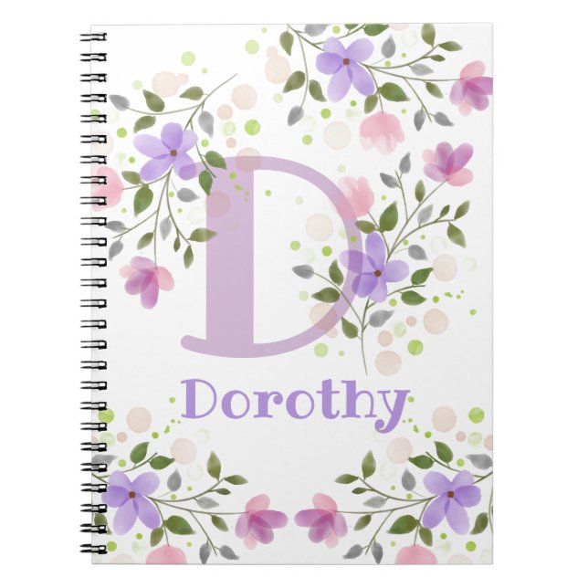 Caderno Espiral Nome inicial de adição Dorothy com Flores (Frente)