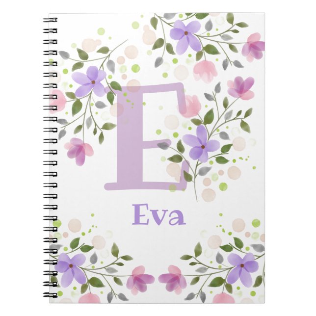 Caderno Espiral Nome inicial de adição Eva com Flores (Frente)