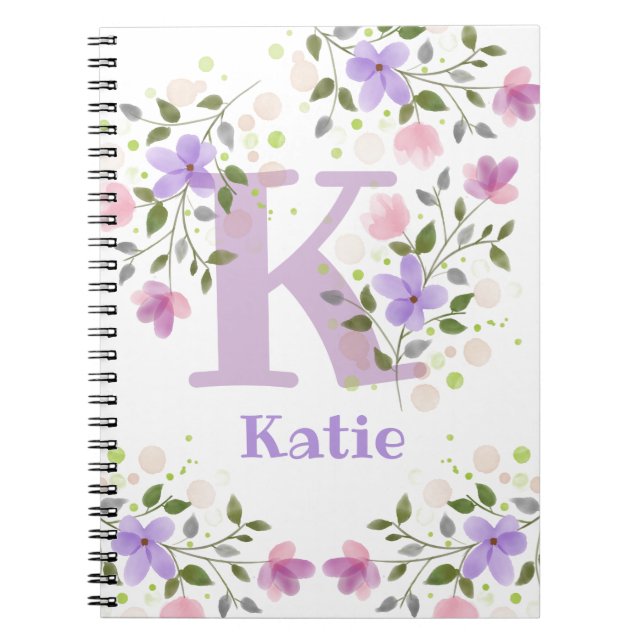 Caderno Espiral Nome inicial de adição Katie com flores (Frente)