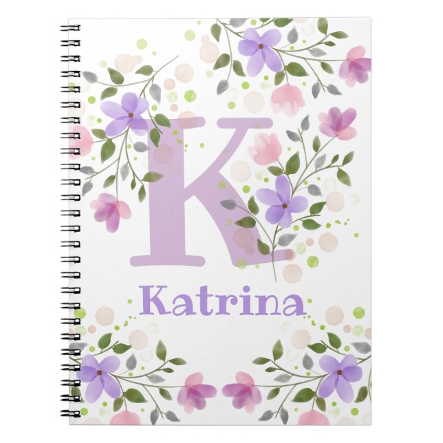 Caderno Espiral Nome inicial de adição Katrina com flores (Frente)