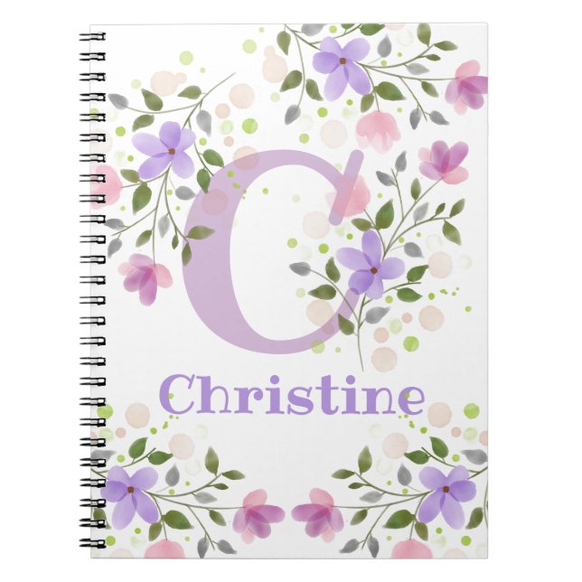 Caderno Espiral Nome inicial do Plus Christine com Flores (Frente)