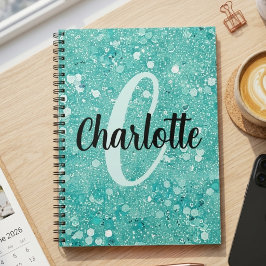 Caderno Espiral Nome Monograma Brilho Glitter Falso Glam Verde Águ