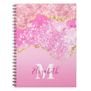 Caderno Espiral Nome Monograma Inicial Dourado Rosa Glam Glitter