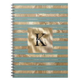 Caderno Espiral Nome Monograma Listras Verde Dourado
