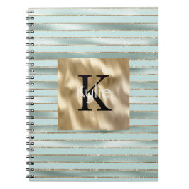 Caderno Espiral Nome Monograma Listras Verde Hortelã Ouro
