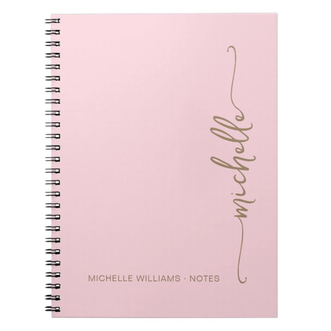 Caderno Espiral Nome Monograma Moderno em Script Dourado Rosa Blus (Frente)