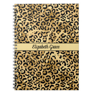 Caderno Espiral Nome Monograma Preto Dourado Estampa Leopardo Guep