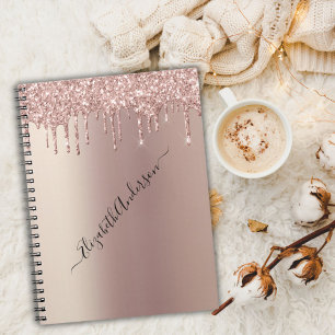 Caderno Espiral Nome Monograma Rosa Dourado Brilho Gotas Tendência