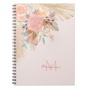 Caderno Espiral Nome Monogramas Pampas Grass Rosa Dourado Florals