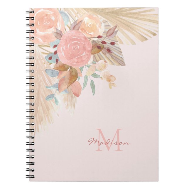 Caderno Espiral Nome Monogramas Pampas Grass Rosa Dourado Florals (Frente)